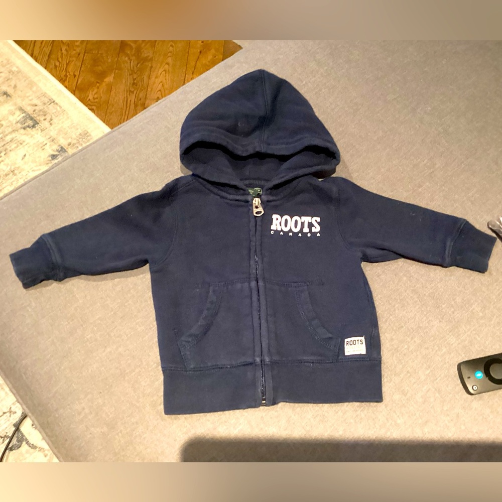 4/$20 BABY ROOTS 3-6 month navy zip up hoodie